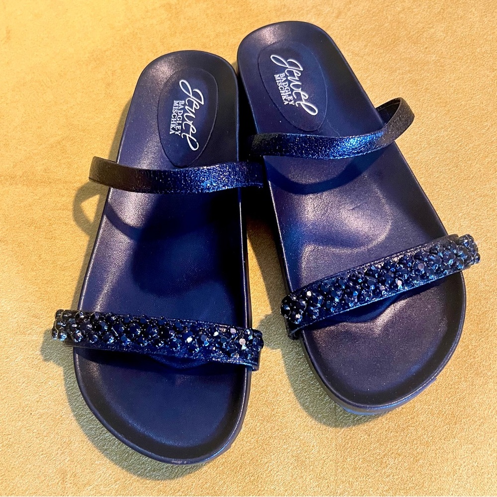 Jewel Badgley Mischka Black Ossie Footbed Rhinestone Sandals